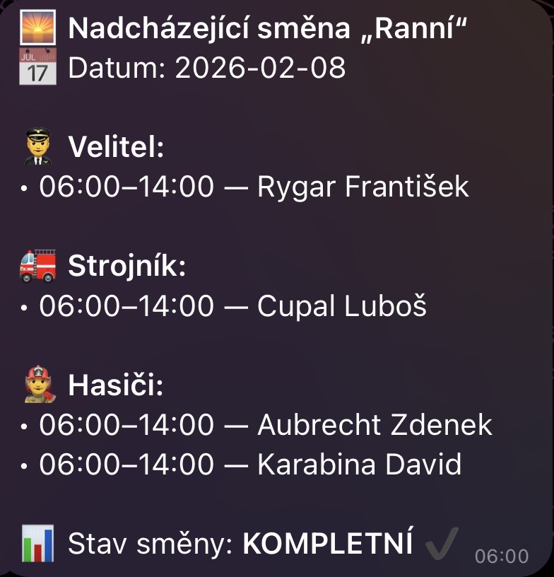 Notifikace – nadcházející směna